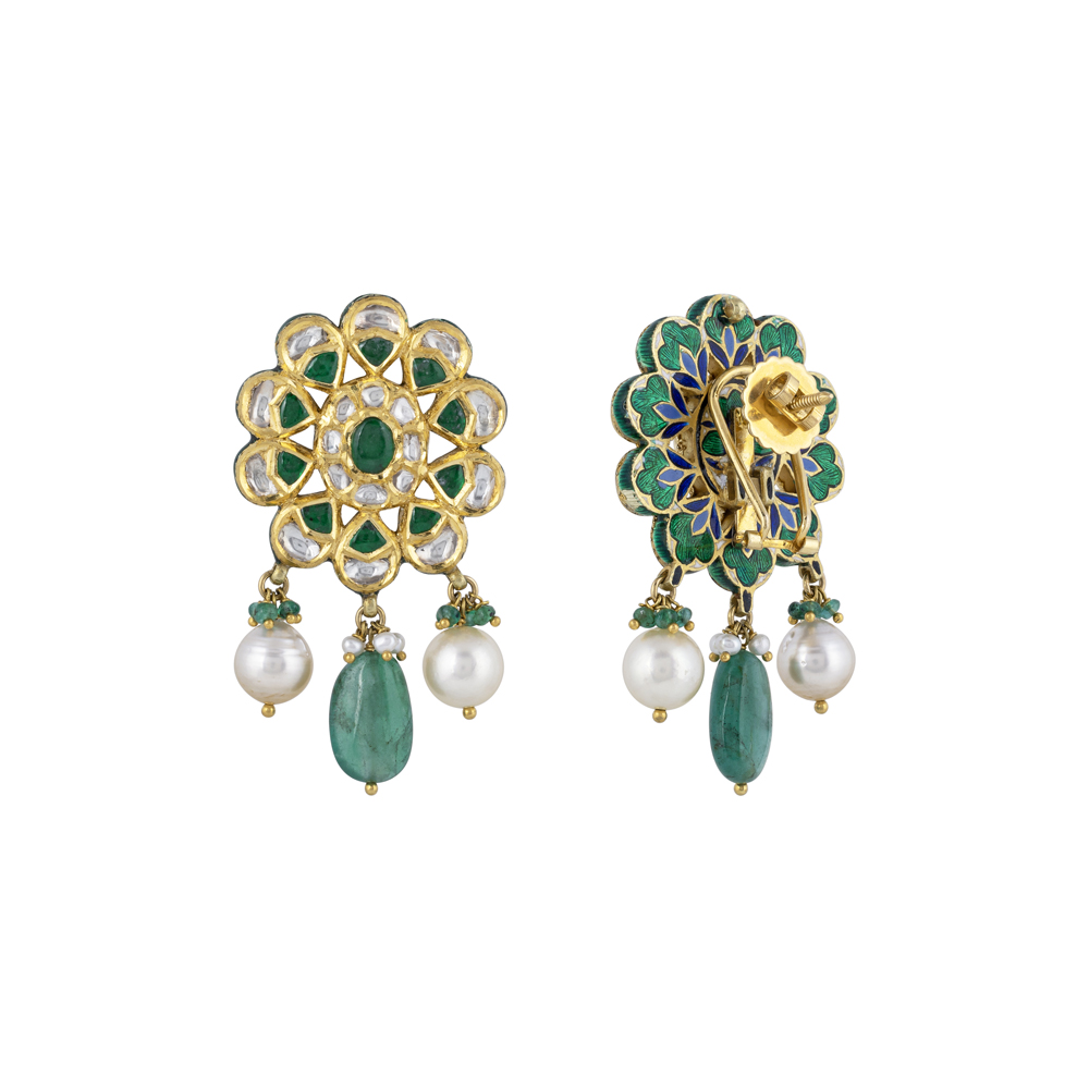 Floral Polki Earrings with Emerald Talaf & Pearl Drops